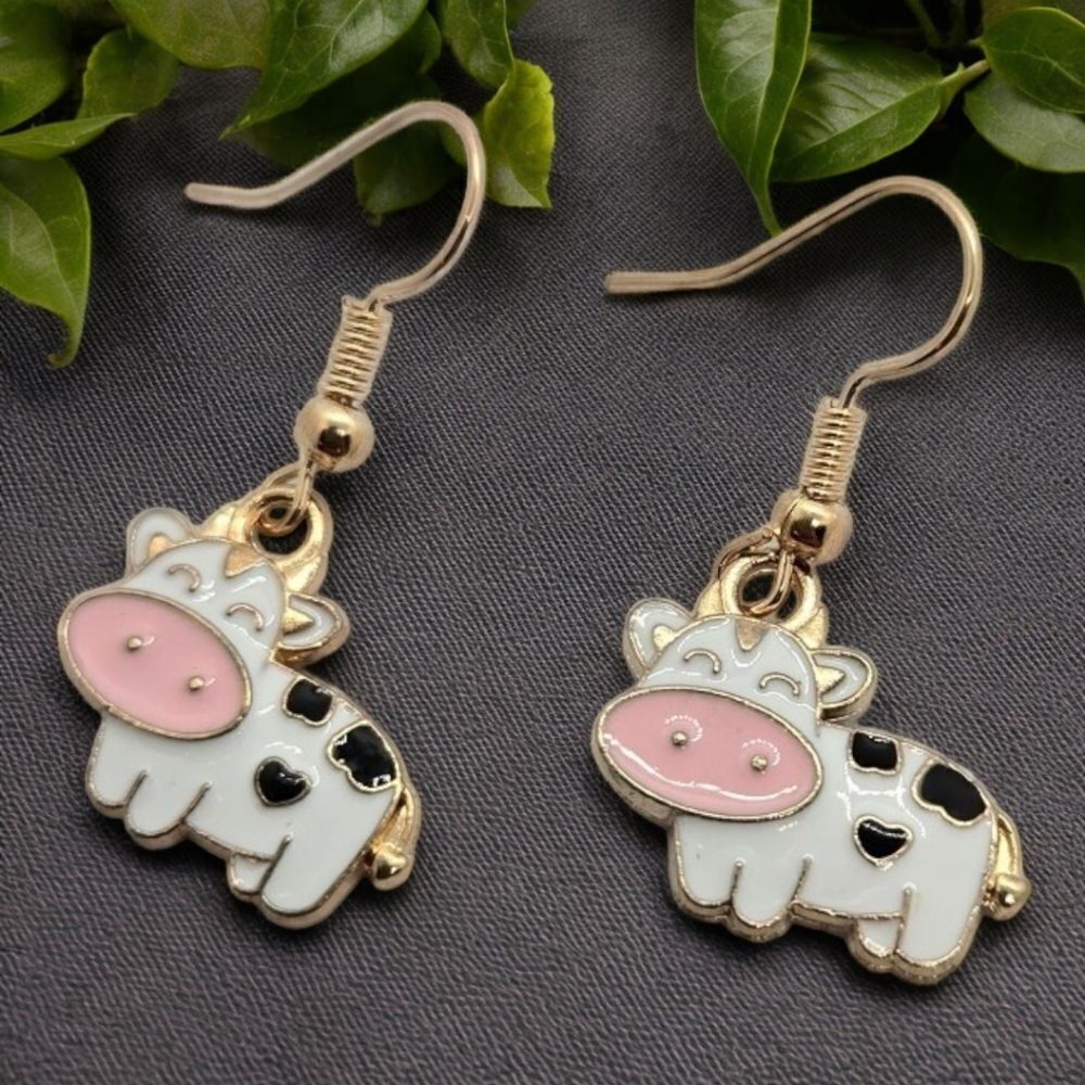 Holstein Dairy Cow Dangle Earrings Gold-Tone Enamel Drop Jewelry Ranch Farm Milk